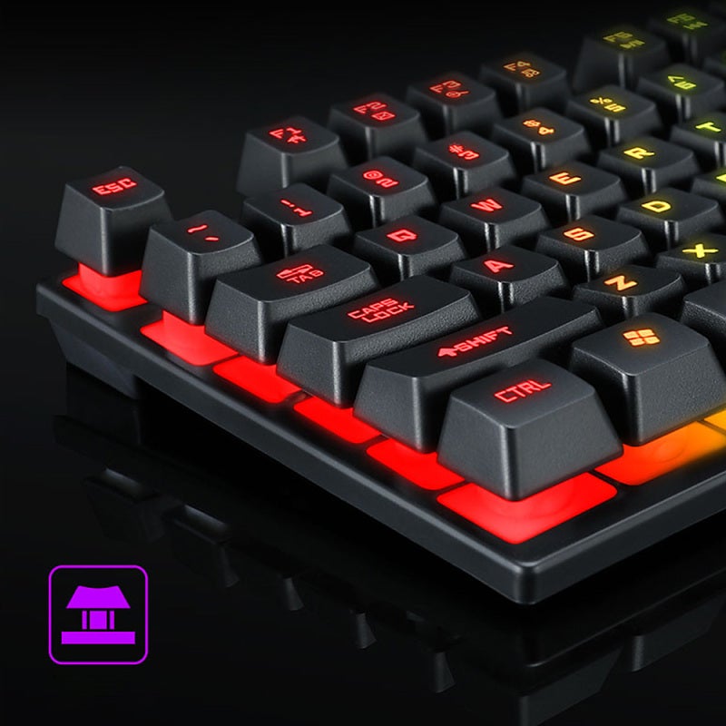 T-WOLF Wired Mechanical Gaming Keyboard: Black, 7-Color LED Rainbow Backlight - Durable Reinforced Plastic Frame, 12 Shortcut Keys for Immersive Fatigue-Free Gaming - Image 2