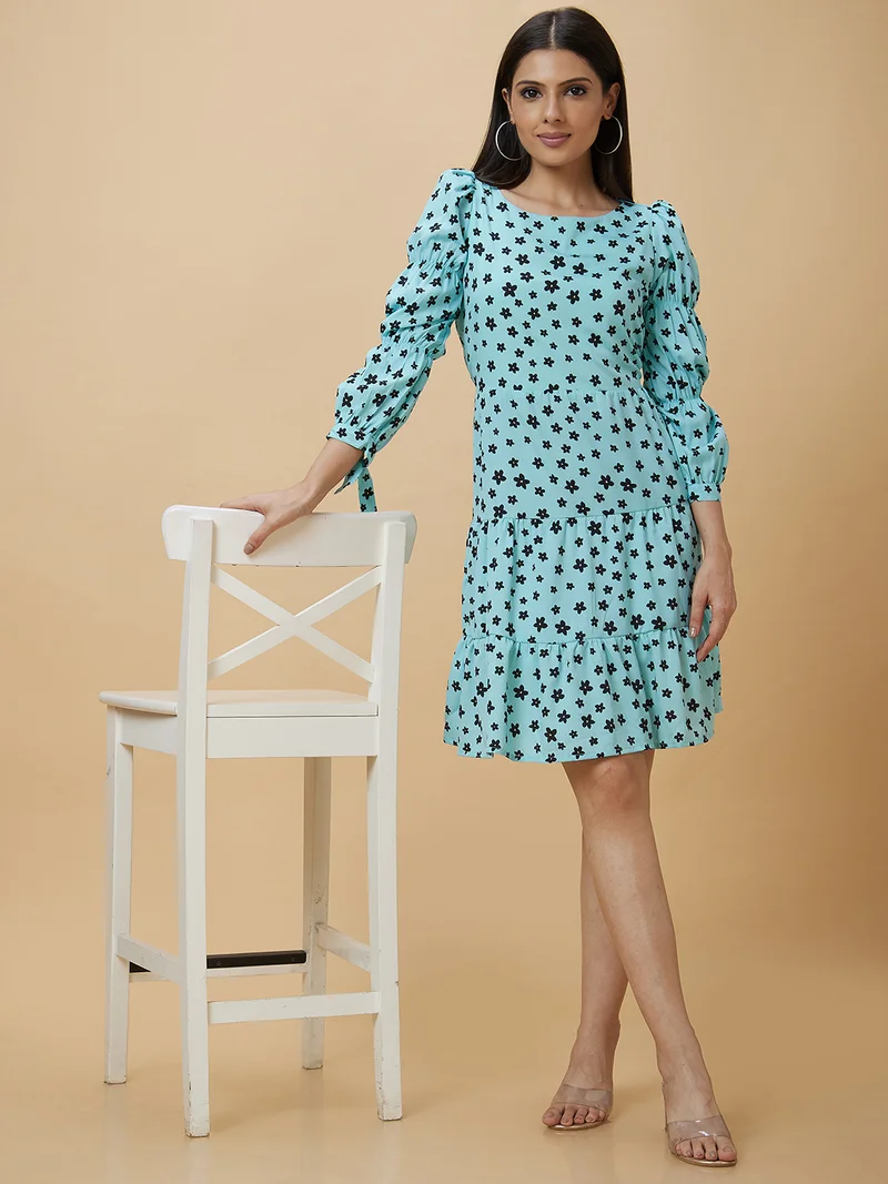 globus Women Blue Floral Printed Puff Sleeves Gathered A-Line Dress