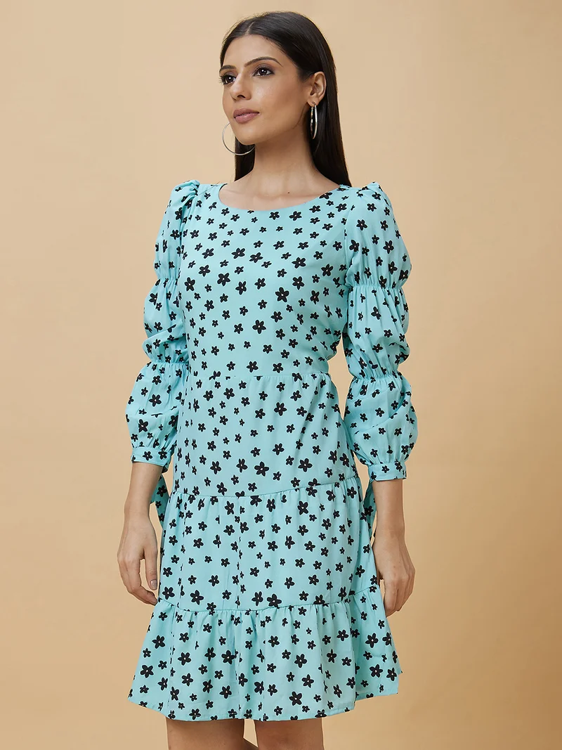 globus Women Blue Floral Printed Puff Sleeves Gathered A-Line Dress