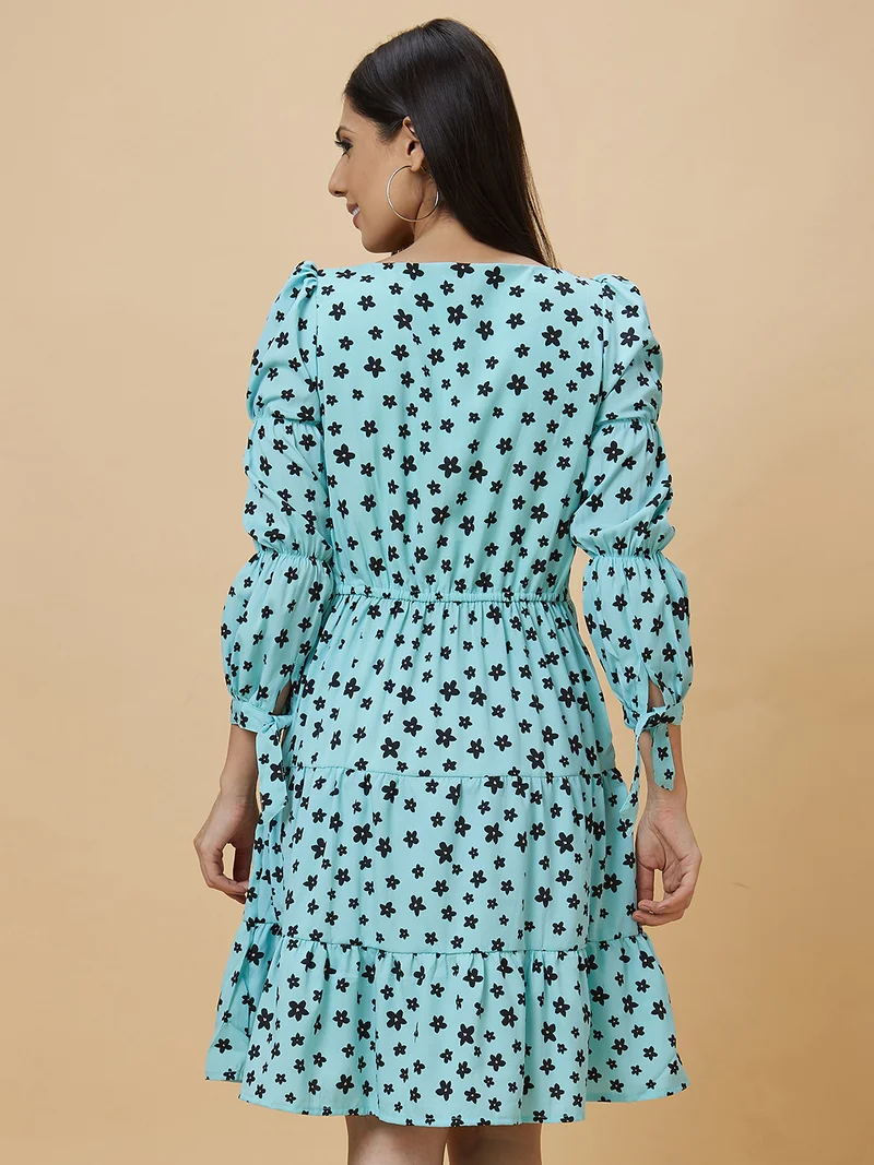 globus Women Blue Floral Printed Puff Sleeves Gathered A-Line Dress
