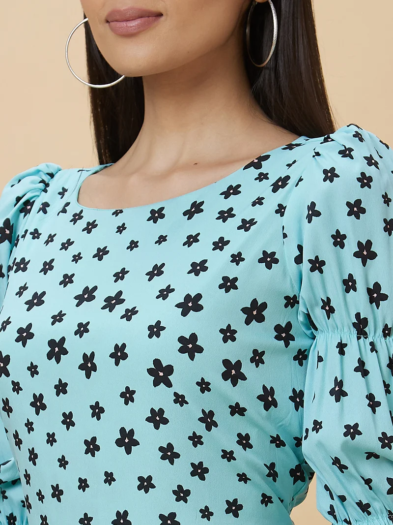 globus Women Blue Floral Printed Puff Sleeves Gathered A-Line Dress