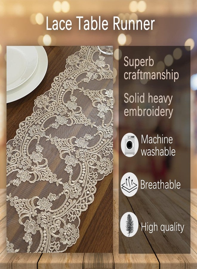 Jeloris Lace Table Runner Dresser Scarf, Macrame Floral Embroidered Vintage Exquisite Floral Table Runners for Dining Wedding Holiday Party (Champagne, 10x84 inch) - Image 3