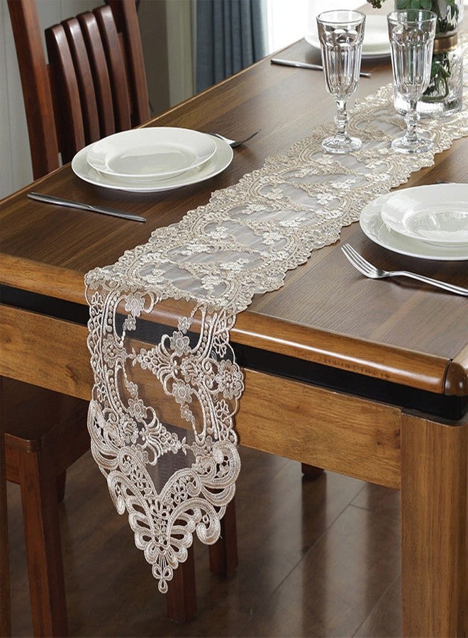 Jeloris Lace Table Runner Dresser Scarf, Macrame Floral Embroidered Vintage Exquisite Floral Table Runners for Dining Wedding Holiday Party (Champagne, 10x84 inch) - Image 2