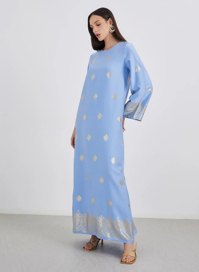 Styli Styli Women Blue Foil Print Round Neck Jalabiya
