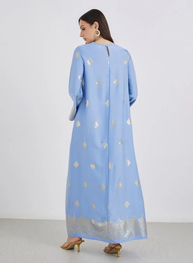 Styli Styli Women Blue Foil Print Round Neck Jalabiya