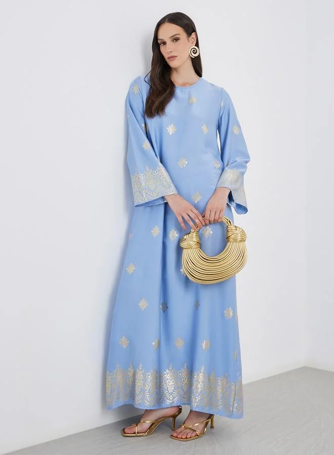 Styli Styli Women Blue Foil Print Round Neck Jalabiya