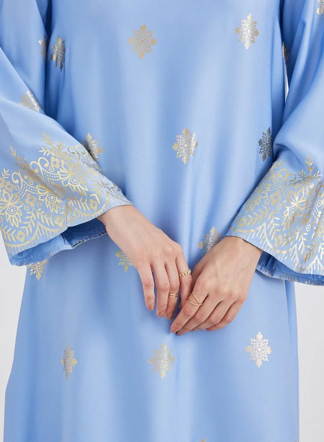 Styli Styli Women Blue Foil Print Round Neck Jalabiya