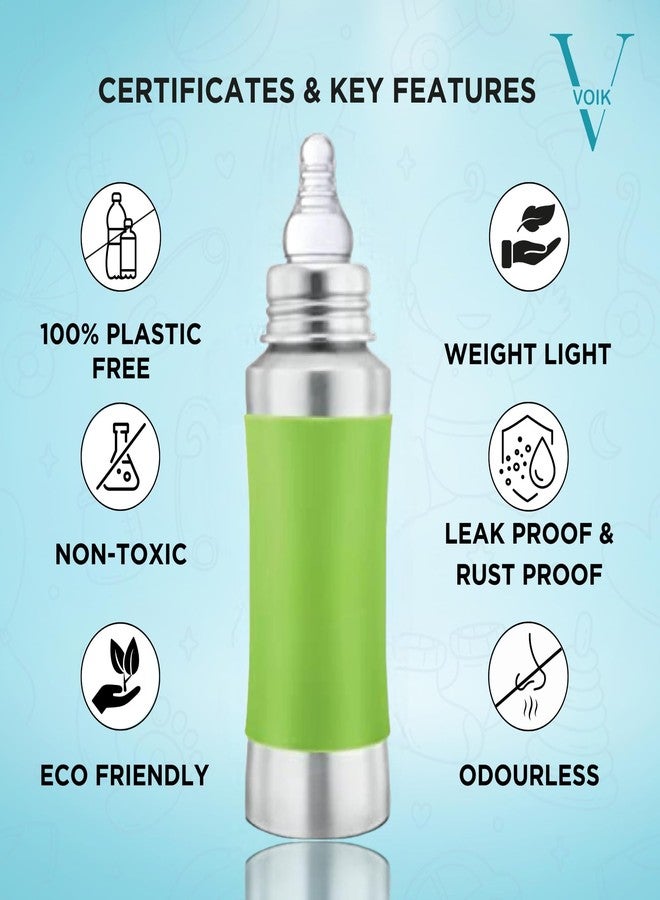 VOIK Baby Feeding Bottle 240ML in Green Color | Stainless Steel Simple Bottle | Hygienic Silicone Teat | Feeding Bottle for New Born Baby BPA Free - Image 4