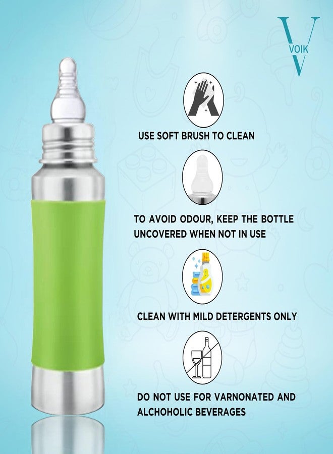 VOIK Baby Feeding Bottle 240ML in Green Color | Stainless Steel Simple Bottle | Hygienic Silicone Teat | Feeding Bottle for New Born Baby BPA Free - Image 3