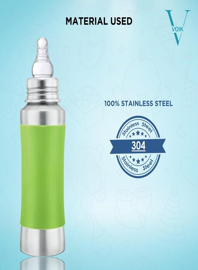 VOIK Baby Feeding Bottle 240ML in Green Color | Stainless Steel Simple Bottle | Hygienic Silicone Teat | Feeding Bottle for New Born Baby BPA Free - Image 2