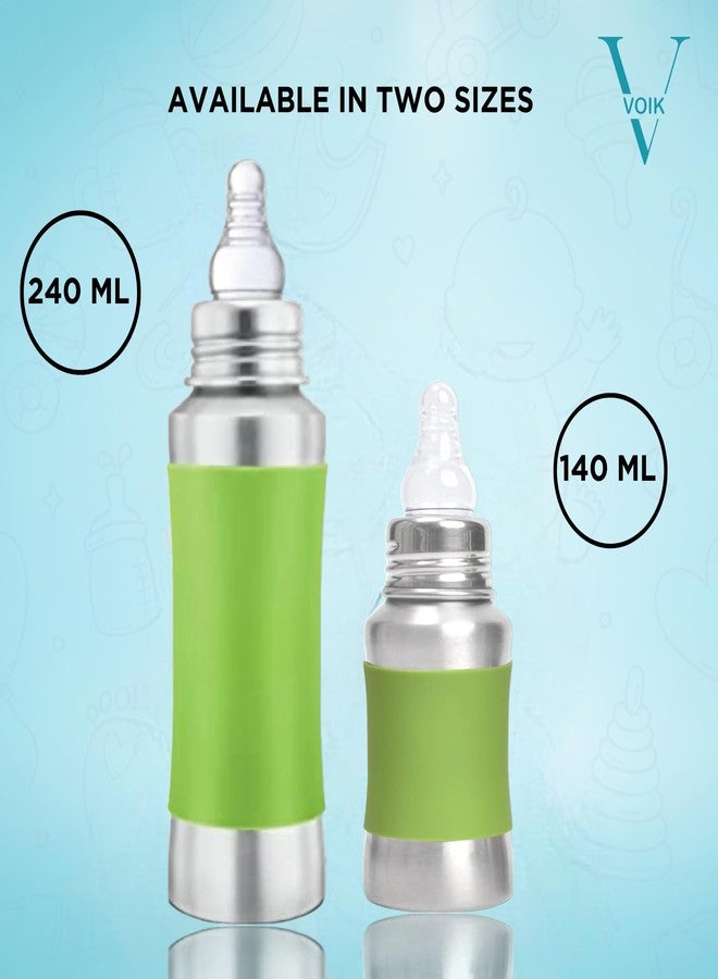 VOIK Baby Feeding Bottle 240ML in Green Color | Stainless Steel Simple Bottle | Hygienic Silicone Teat | Feeding Bottle for New Born Baby BPA Free - Image 5