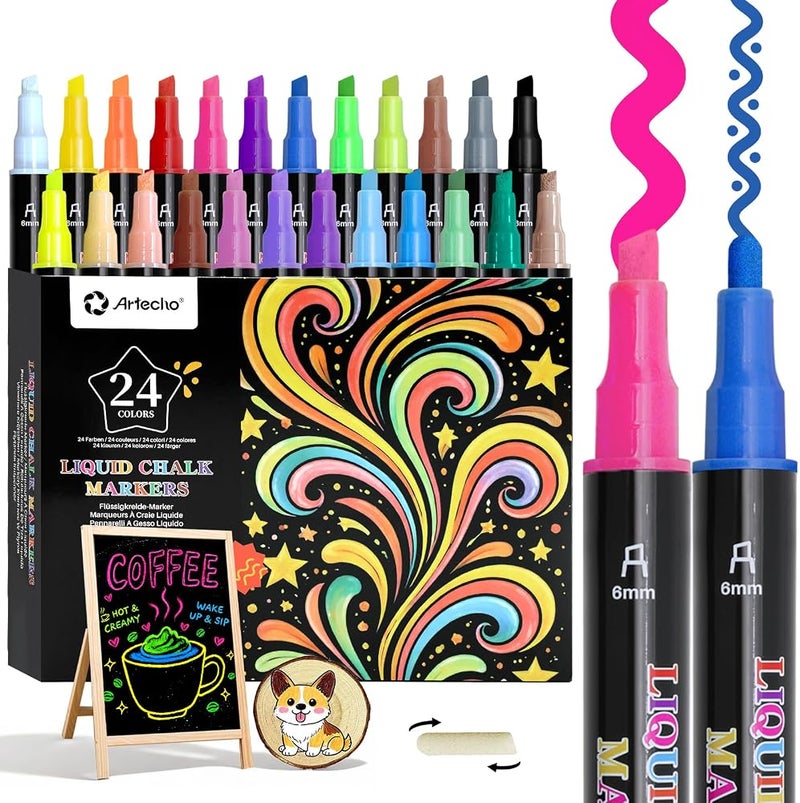 Artecho 24 Colors Liquid Chalk Markers with 6mm Reversible Tip Pens - Image 1