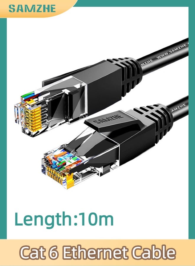 SAMZHE كابل إيثرنت Cat6 بطول 10 متر، عالي السرعة 1000 ميجابت في الثانية، سلك LAN دائري من النحاس النقي، موصل RJ45 مع غطاء واقٍ، مطلي بالذهب لمقاومة التداخل، سلك توصيل إنترنت للكمبيوتر لأجهزة PS5 وPS4 وXbox والكمبيوتر الشخصي والألعاب وأجهزة التوجيه والمودم (أسود) - Image 1
