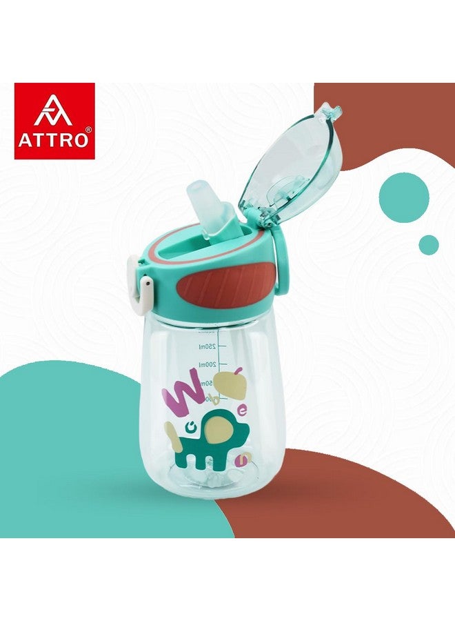 Attro Sippy Kids 400ml Water Bottle with Fliptop Lid & Straw Kids Bottle ML Mention for Daily Water Intake BPA Free, Leakproof - Green - Image 2