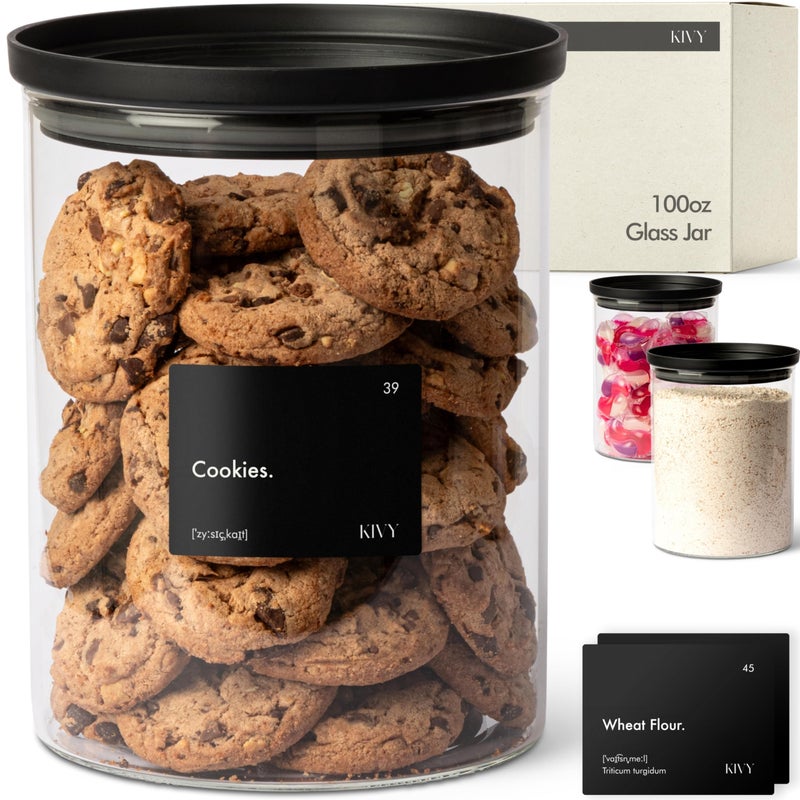 KIVY Large Glass Jar with transparent Glass Lid [100oz] Sealed glass canisters with airtight lid - Black canister - Laundry pod jar - Rice Storage jar - Flour and sugar containers - Flour Canister - Image 1