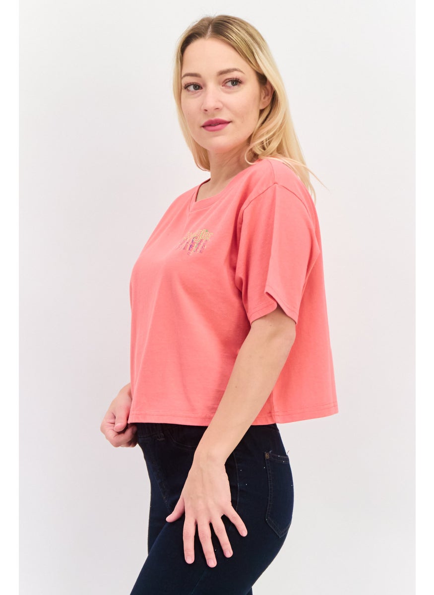 Wrangler - Women Round Neck Short Sleeves Brand Logo Crop Top, Pink - Image 1