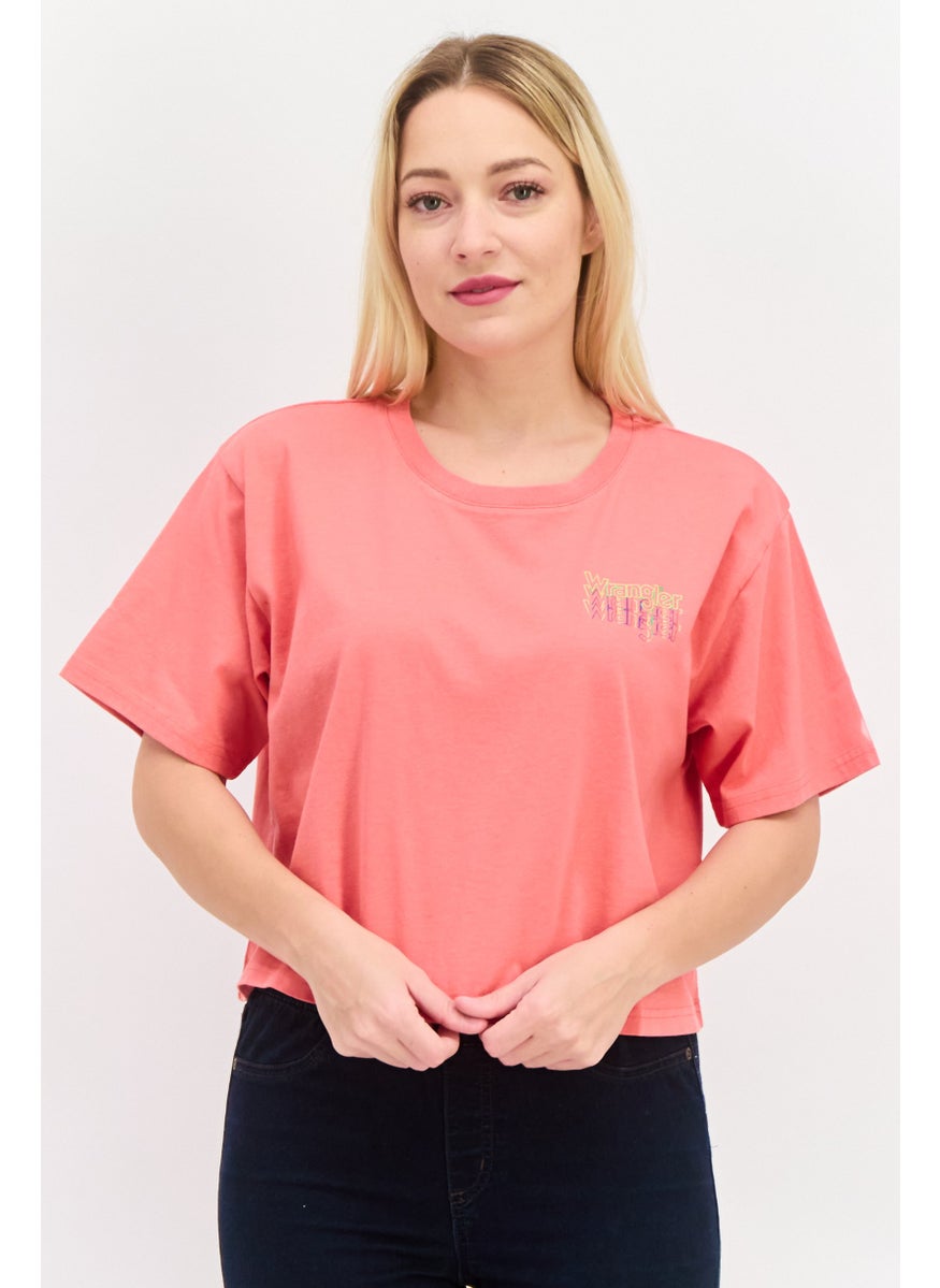 Wrangler - Women Round Neck Short Sleeves Brand Logo Crop Top, Pink - Image 1