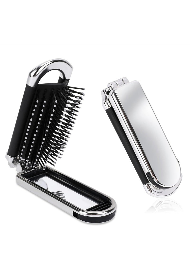 Y&D 2Pcs Folding Hair Brushes with Mini Mirrors - Collapsible Pocket Size Travel Compact Design Styling Tools for Gym, Trip, Purse, Swimming - Image 1