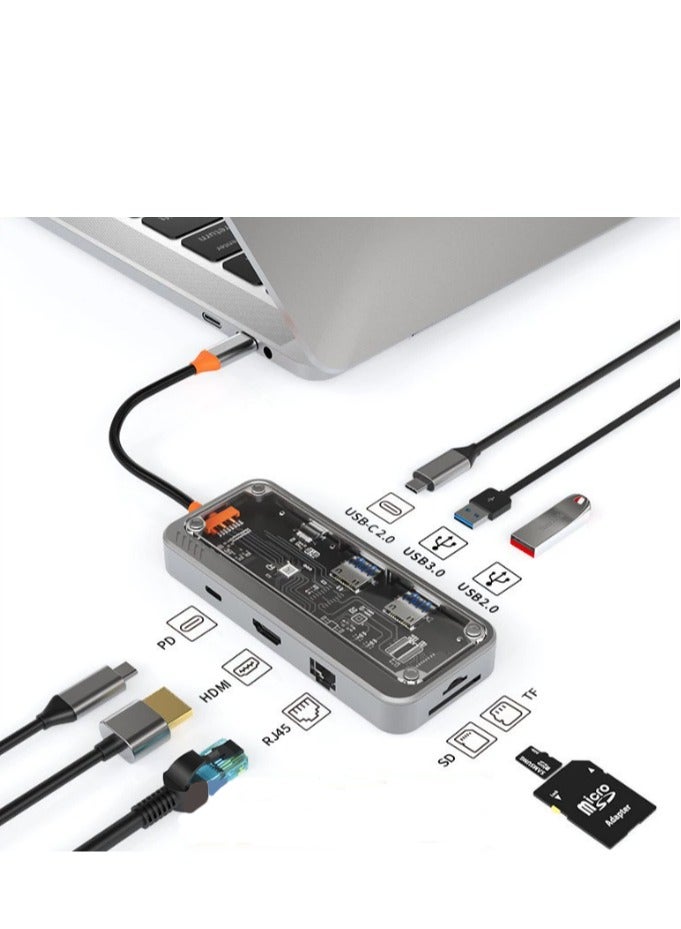 قفص الاتهام الشفاف 8 في 1 USBC ، 1 × 100 جيجابت منفذ إيثرنت ، 1 × 4K منفذ HDMI ، 1 × منفذ USB 3.0 ، 2 × منافذ USB 2.0 ، 1 × منفذ بيانات ، 1 × منفذ TypeC PD ، 1 فتحة x SD ، 1 × فتحة TF - Image 1
