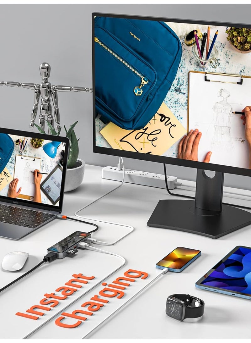 قفص الاتهام الشفاف 8 في 1 USBC ، 1 × 100 جيجابت منفذ إيثرنت ، 1 × 4K منفذ HDMI ، 1 × منفذ USB 3.0 ، 2 × منافذ USB 2.0 ، 1 × منفذ بيانات ، 1 × منفذ TypeC PD ، 1 فتحة x SD ، 1 × فتحة TF - Image 5