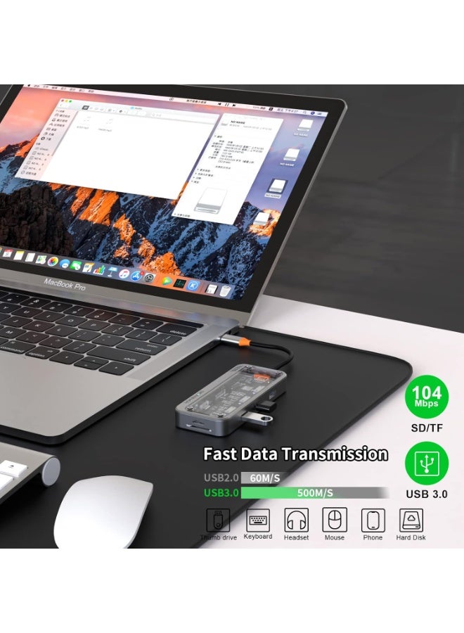 قفص الاتهام الشفاف 8 في 1 USBC ، 1 × 100 جيجابت منفذ إيثرنت ، 1 × 4K منفذ HDMI ، 1 × منفذ USB 3.0 ، 2 × منافذ USB 2.0 ، 1 × منفذ بيانات ، 1 × منفذ TypeC PD ، 1 فتحة x SD ، 1 × فتحة TF - Image 3