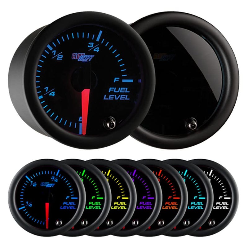 GlowShift Tinted 7 Color Adjustable Fuel Level Gauge for Gas  Diesel Vehicles  Select Various OHM Ranges  Includes Wiring  MultiColor Display  Black Dial  Smoked Lens  2116 52mm