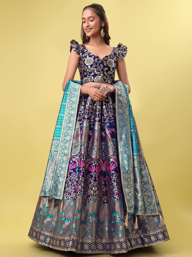 PURVAJA Women's Jacquard Semi-Stitched Lehenga choli (Lotus-Navy-Blue_Navy-Blue_Free Size) - Image 4