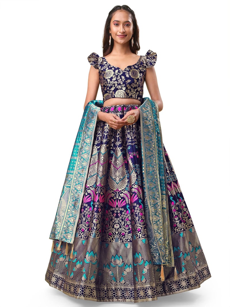 PURVAJA Women's Jacquard Semi-Stitched Lehenga choli (Lotus-Navy-Blue_Navy-Blue_Free Size) - Image 1