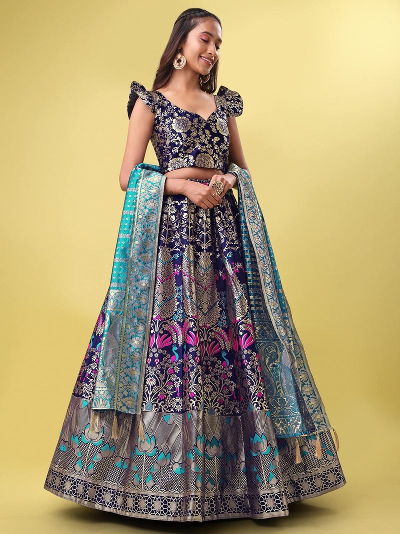 PURVAJA Women's Jacquard Semi-Stitched Lehenga choli (Lotus-Navy-Blue_Navy-Blue_Free Size) - Image 2