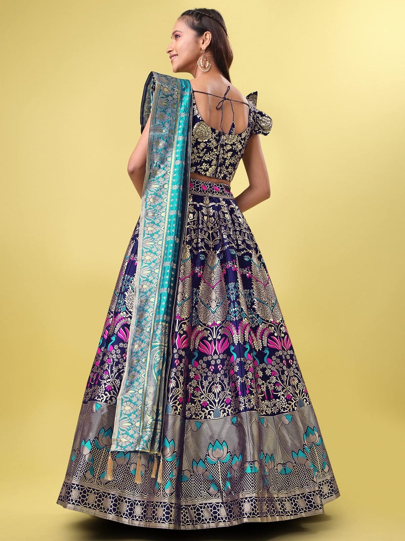 PURVAJA Women's Jacquard Semi-Stitched Lehenga choli (Lotus-Navy-Blue_Navy-Blue_Free Size) - Image 3