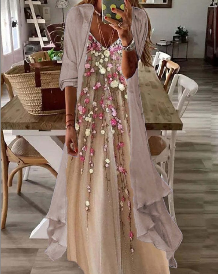 2024 Summer Floral Maxi Dress Two-Piece Set Khaki