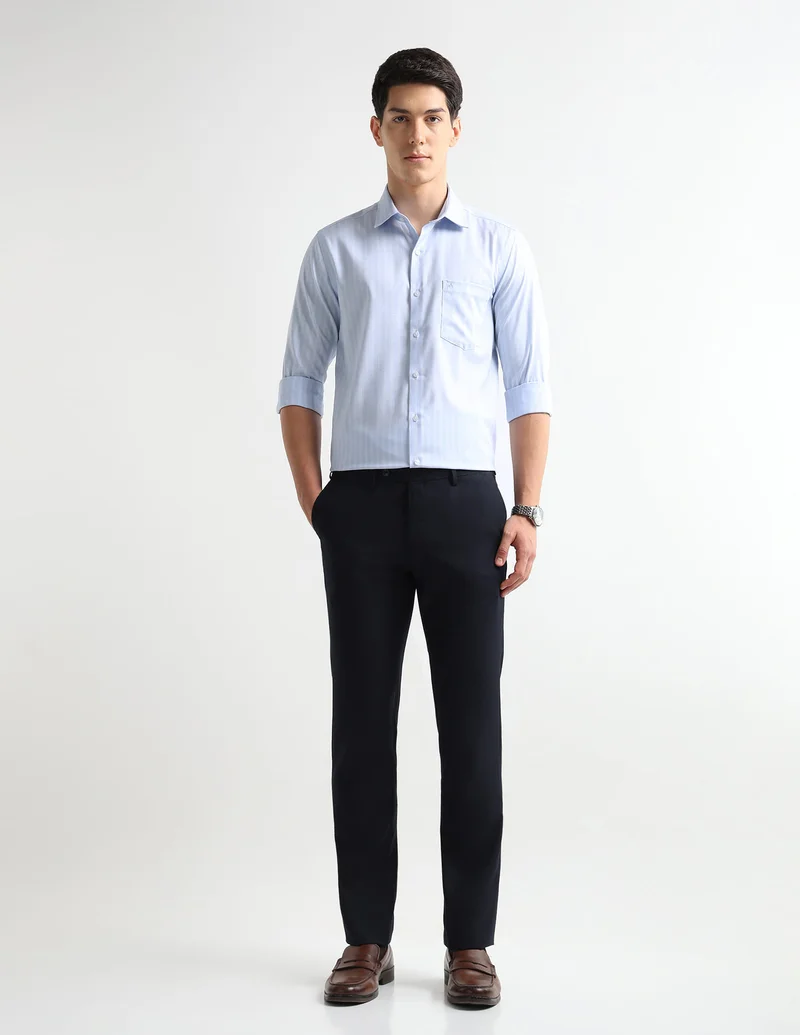 Arrow Light Blue Vertical Striped Auto Press Shirt for Men | Best Price UAE