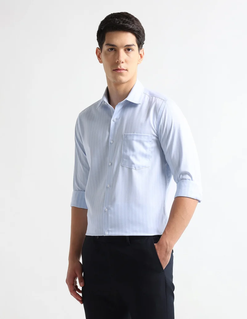 Arrow Light Blue Vertical Striped Auto Press Shirt for Men | Best Price UAE
