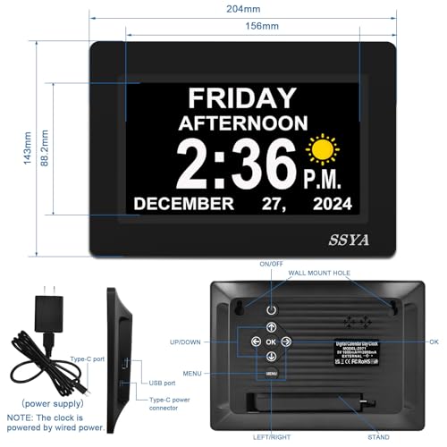 SSYA 7 Inch Calendar Clock - 12 Alarm Options, Level 5 Auto Dimmable Display,Extra Large Impaired Vision Digital Clock with Non-Abbreviated Day & Month (Black) - Image 2