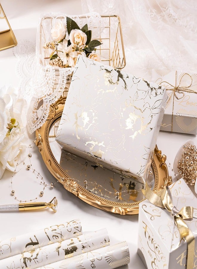 LeZakaa Gold Wedding Wrapping Paper Roll, Gold Flower, Love Heart, Ring & Forever and Ever Lettering Design for Wedding, Engagement, Bridal Shower, Anniversary, Mini Roll, 17 x 120 inches, 3 Rolls - Image 2