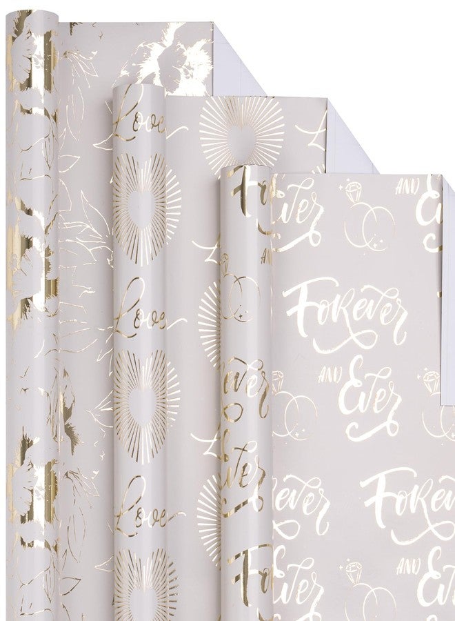 LeZakaa Gold Wedding Wrapping Paper Roll, Gold Flower, Love Heart, Ring & Forever and Ever Lettering Design for Wedding, Engagement, Bridal Shower, Anniversary, Mini Roll, 17 x 120 inches, 3 Rolls - Image 1