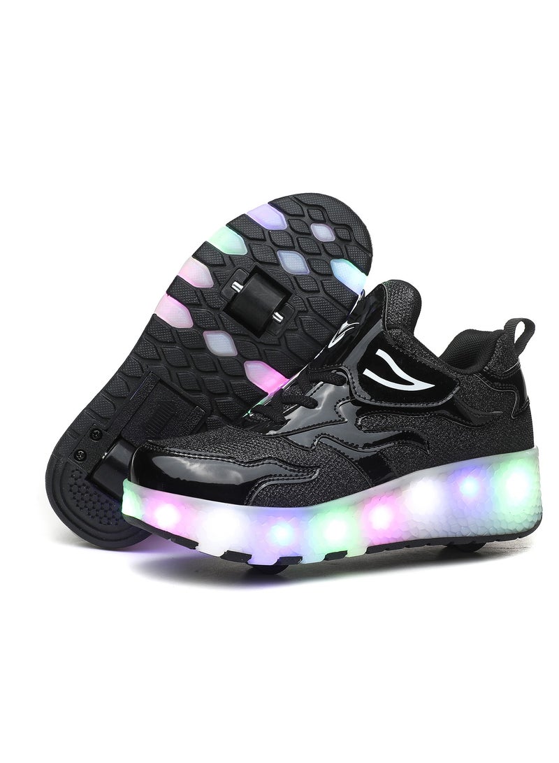 Loquat Rage Shoes For Boys And Girls Single And Double Wheel LED Flashing Lights Automatic Invisible Roller Skates Black - Image 2