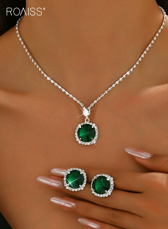 roaiss Emerald Green Jewelry Sets for Women, Necklace and Earring Sets for Ladies, Silver and Green Round Pendant Necklace and Earings for Wedding Prom, Anniversary - Image 2
