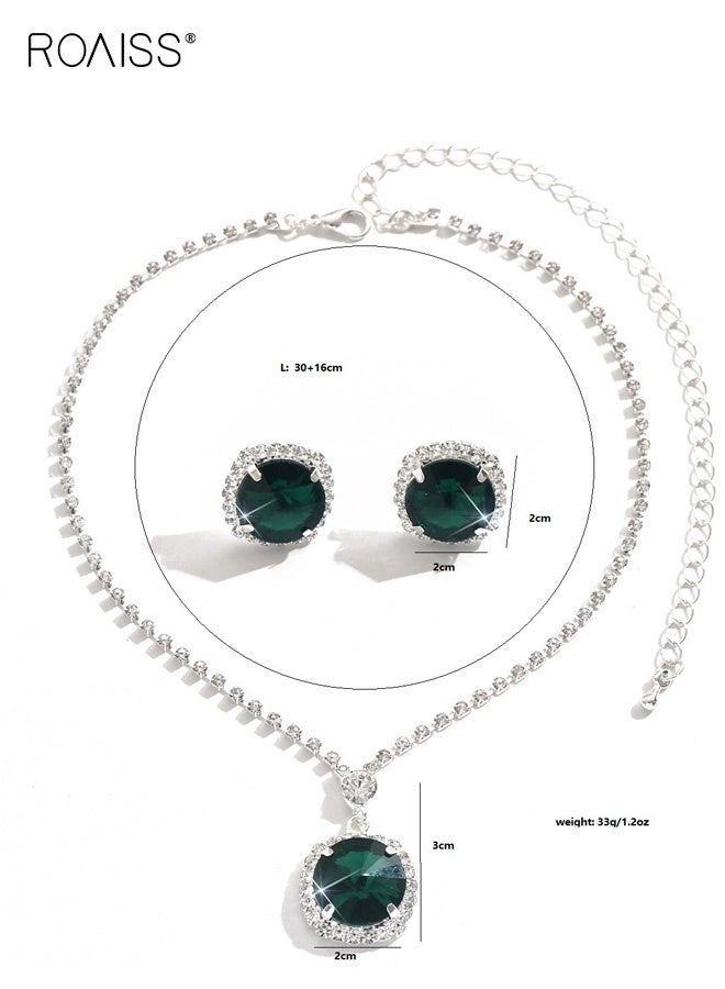 roaiss Emerald Green Jewelry Sets for Women, Necklace and Earring Sets for Ladies, Silver and Green Round Pendant Necklace and Earings for Wedding Prom, Anniversary - Image 5
