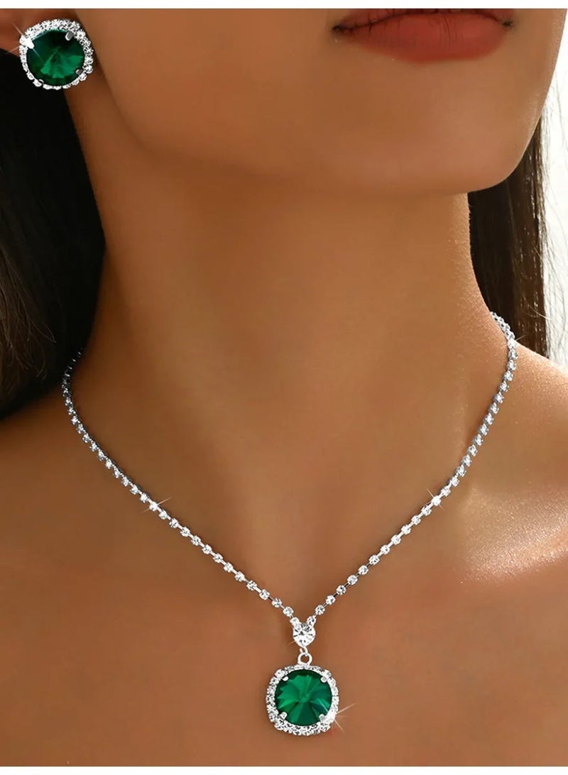 roaiss Emerald Green Jewelry Sets for Women, Necklace and Earring Sets for Ladies, Silver and Green Round Pendant Necklace and Earings for Wedding Prom, Anniversary - Image 1
