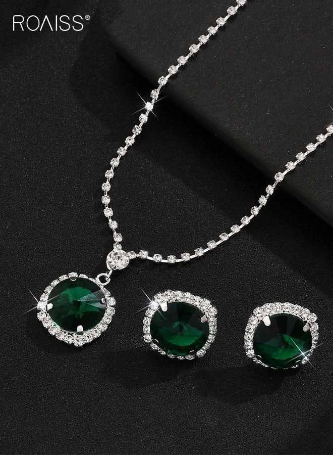 roaiss Emerald Green Jewelry Sets for Women, Necklace and Earring Sets for Ladies, Silver and Green Round Pendant Necklace and Earings for Wedding Prom, Anniversary - Image 4
