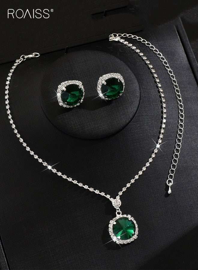 roaiss Emerald Green Jewelry Sets for Women, Necklace and Earring Sets for Ladies, Silver and Green Round Pendant Necklace and Earings for Wedding Prom, Anniversary - Image 3