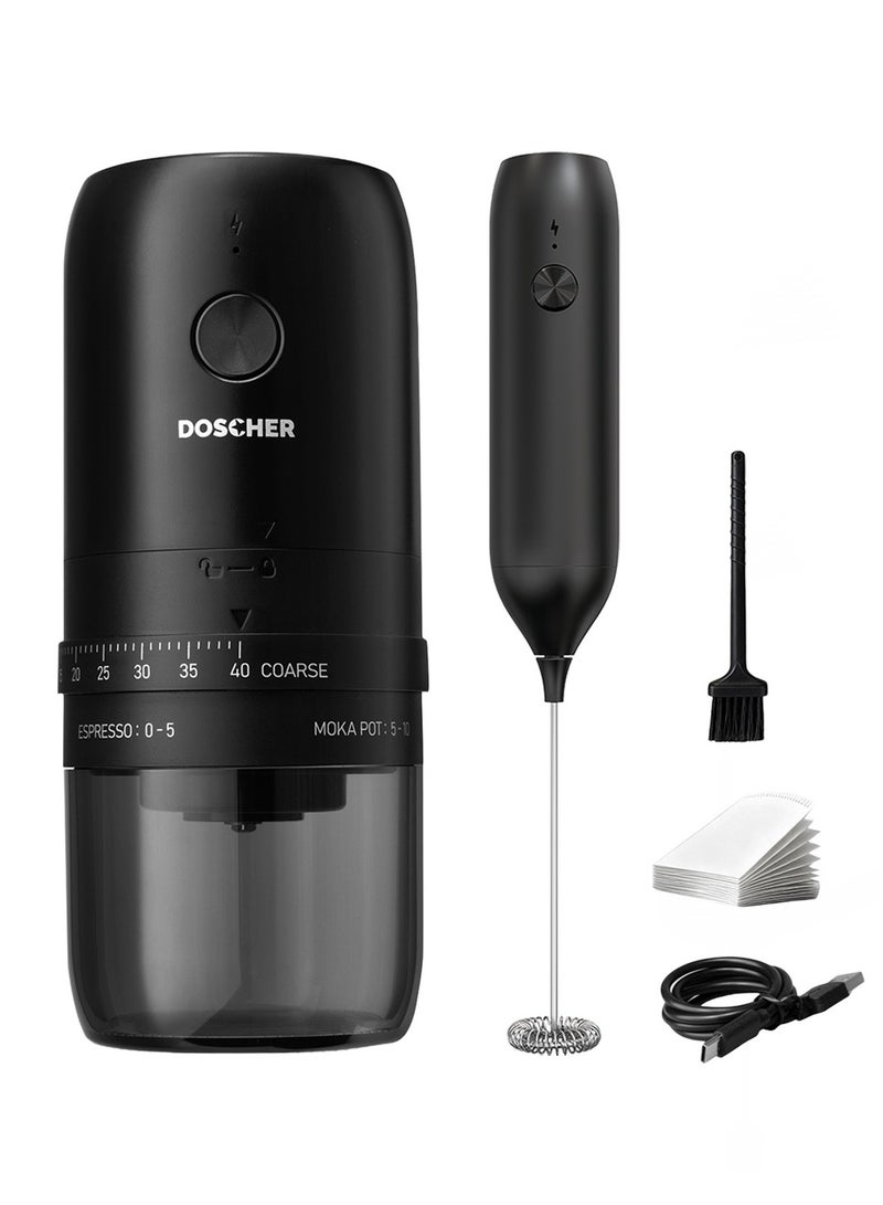 DOSCHER Portable Electric Burr Coffee Grinder + Milk Frother Combo — Adjustable 40-Level Grinder + Compact Milk Frother for Espresso, Cappuccino & Latte — Ideal for Home, Office, Travel - Image 1