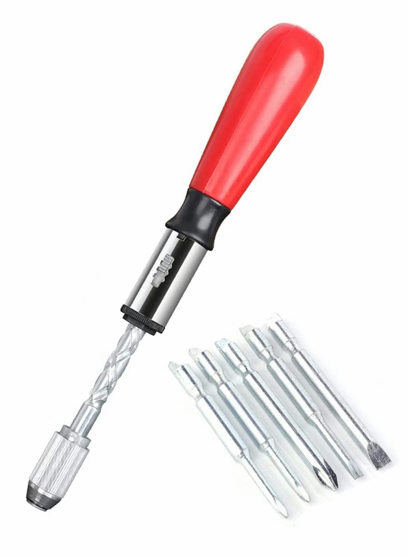 Spiral Screw Driver, 260MM Hand Pressing Ratchet Screwdriver with 5 Pcs Screwdriver Bits Set, Push Pull Ratchet Screwdriver - Image 1