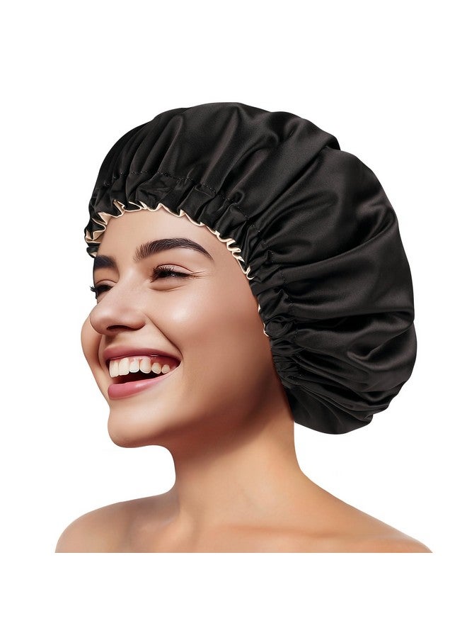 Zenssia Silky Satin Bonnet For Sleeping, Hair Bonnet For Women And Men, Adjustable Sleep Bonnet For Curly Hair, Black, Medium - Image 1