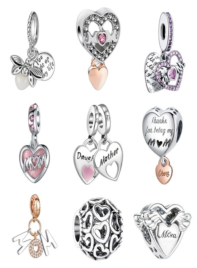 Acrobious 9PCS European Charms Beads Pendant For Pandora Bracelet, Charms for DIY Bracelets Necklace Jewellery Gift for Birthday Valentine's Day Party Christmas Mother's Day MOM Heart Love, Large, Alloy Steel - Image 1