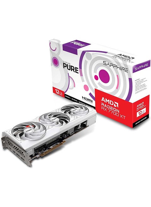 بطاقة رسومات الألعاب SAPPHIRE PURE AMD Radeon™ RX 7700 XT، ذاكرة DDR6 12 جيجا بايت 192 بت، ساعة تعزيز 2584 ميجا هرتز، ساعة ذاكرة 18 جيجابت في الثانية، AMD RDNA 3، PCI-E 4.0، 2x HDMI 2x DisplayPort، أبيض | 11335-03-20ز