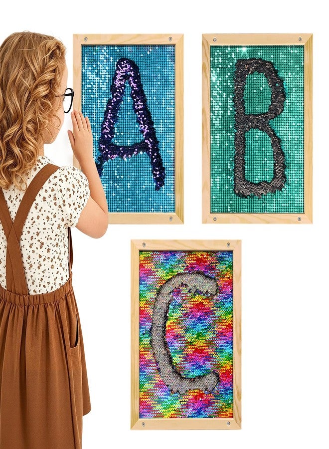 Wibeelee 3 Pcs Flip Sequin Fabric Wood Frame Wall Panel, Sensory Toy Reversible Sequin Flip Fabric Mat with Wood Frame, Interactive Sensory Board for Play & Learning, Wall Hangings Decoration, - Image 1