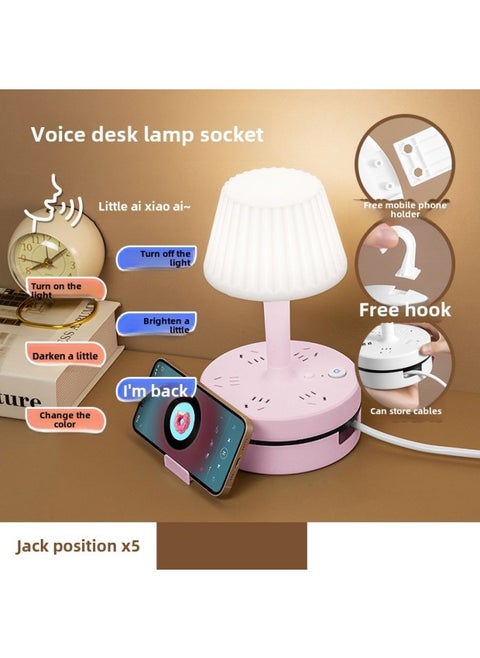 Intelligent Voice Storage With Cable Plug-in Row With Eye Protection Desk Lamp Dormitory Plug-in Board Long Line USB Multi-function Socket-Specifications:[F5-Pink -5 Insertion] Total Length: 3.8 M