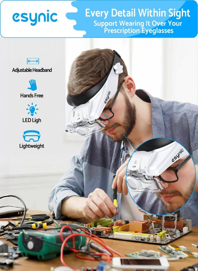 eSynic Comfort-Fit Head Magnifier with LED Light 1.5X-13X Magnification Ergonomic Headband MagnifyingGlasses with 5 Interchangeable Lenses + Storage Case for Reading/Jewelry/Crafts - Image 4